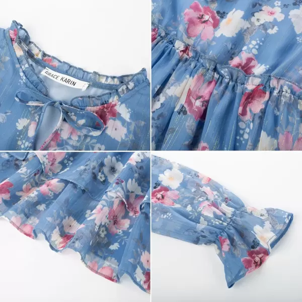 imageGRACE KARIN Girls Fall Long Sleeve Dress Formal Party Holiday Smocked Waist Midi Dresses 512YearsGray Blue