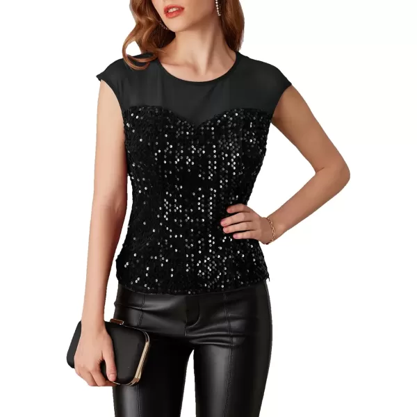 imageGRACE KARIN Sequin Sparkly Tops for Women Mesh Cap Sleeve Velvet Shimmer Glitter Top Club Party Blouses ShirtBlack
