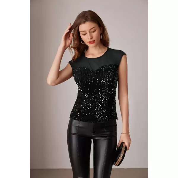 imageGRACE KARIN Sequin Sparkly Tops for Women Mesh Cap Sleeve Velvet Shimmer Glitter Top Club Party Blouses ShirtBlack