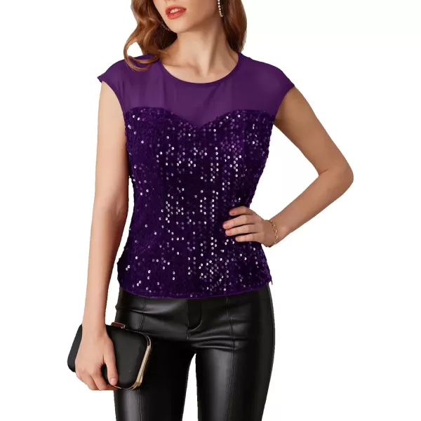 imageGRACE KARIN Sequin Sparkly Tops for Women Mesh Cap Sleeve Velvet Shimmer Glitter Top Club Party Blouses ShirtPurple