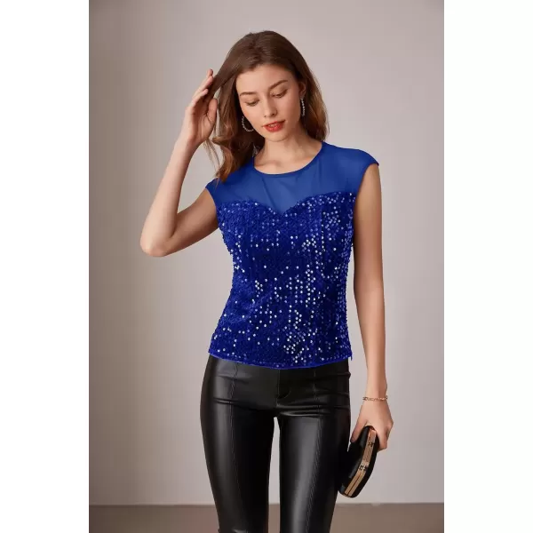 imageGRACE KARIN Sequin Sparkly Tops for Women Mesh Cap Sleeve Velvet Shimmer Glitter Top Club Party Blouses ShirtRoyal Blue