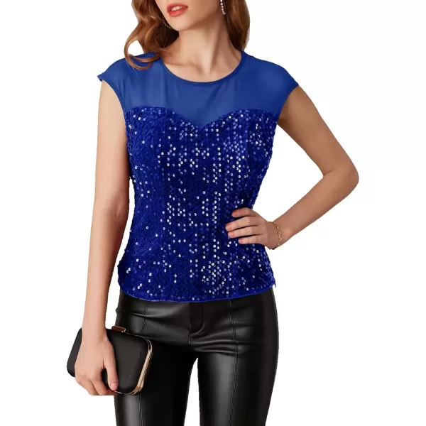imageGRACE KARIN Sequin Sparkly Tops for Women Mesh Cap Sleeve Velvet Shimmer Glitter Top Club Party Blouses ShirtRoyal Blue