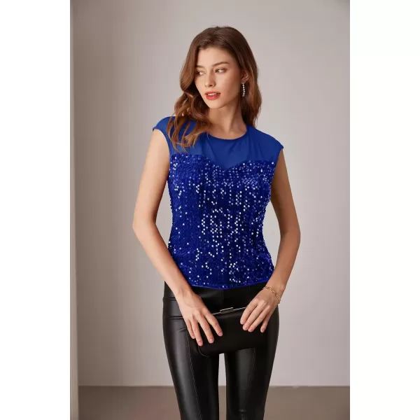 imageGRACE KARIN Sequin Sparkly Tops for Women Mesh Cap Sleeve Velvet Shimmer Glitter Top Club Party Blouses ShirtRoyal Blue