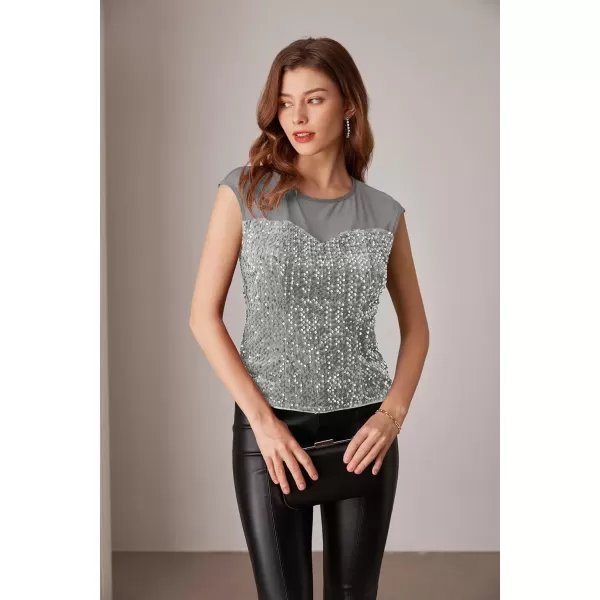 imageGRACE KARIN Sequin Sparkly Tops for Women Mesh Cap Sleeve Velvet Shimmer Glitter Top Club Party Blouses ShirtSilver Gray