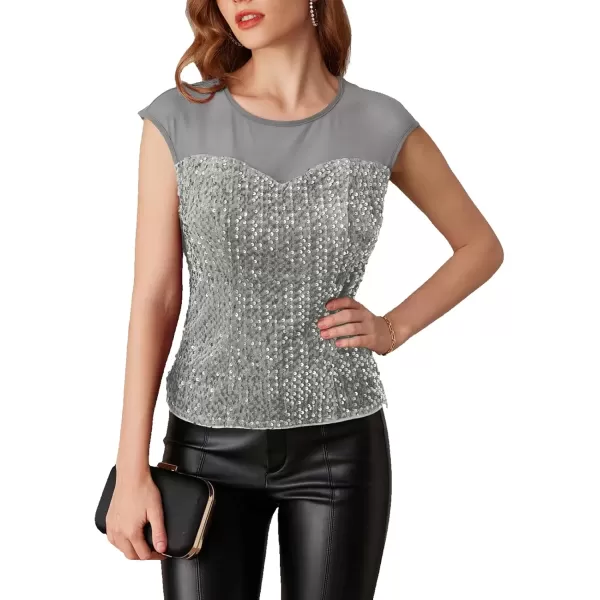 imageGRACE KARIN Sequin Sparkly Tops for Women Mesh Cap Sleeve Velvet Shimmer Glitter Top Club Party Blouses ShirtSilver Gray