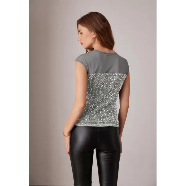 imageGRACE KARIN Sequin Sparkly Tops for Women Mesh Cap Sleeve Velvet Shimmer Glitter Top Club Party Blouses ShirtSilver Gray