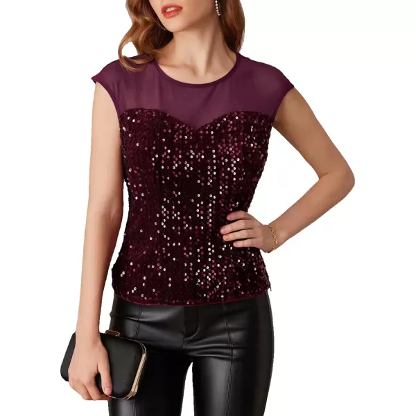 imageGRACE KARIN Sequin Sparkly Tops for Women Mesh Cap Sleeve Velvet Shimmer Glitter Top Club Party Blouses ShirtWine Red