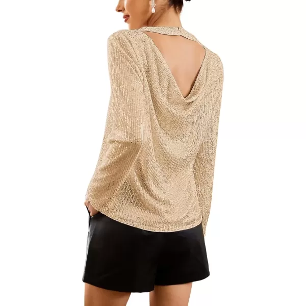 imageGRACE KARIN Sequin Tops for Women Backless Long Sleeve Sparkly Glitter Tops Crew Neck Draped Back Flowy Sparkle Party ShirtsZapricot