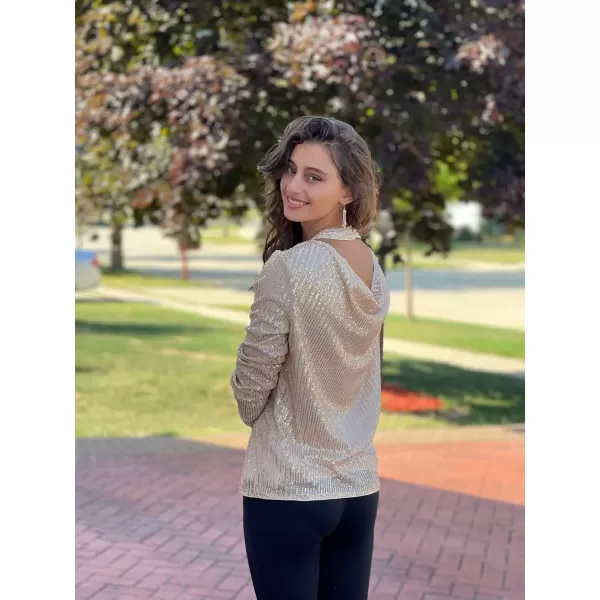 imageGRACE KARIN Sequin Tops for Women Backless Long Sleeve Sparkly Glitter Tops Crew Neck Draped Back Flowy Sparkle Party ShirtsZapricot