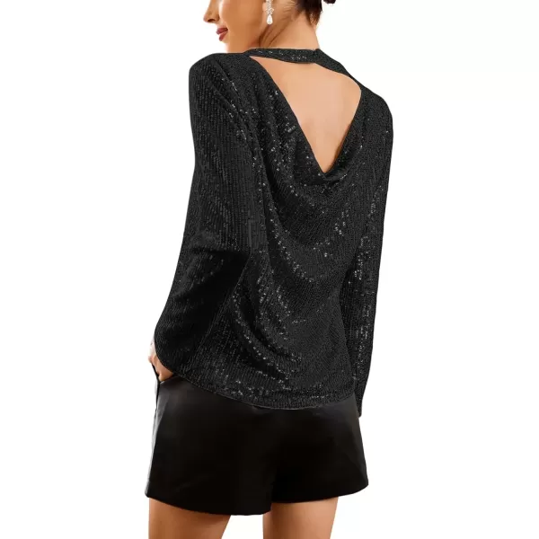 imageGRACE KARIN Sequin Tops for Women Backless Long Sleeve Sparkly Glitter Tops Crew Neck Draped Back Flowy Sparkle Party ShirtsZblack