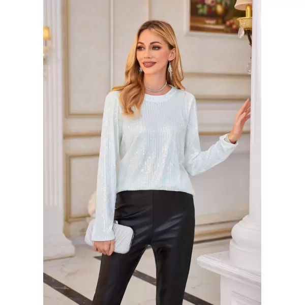 imageGRACE KARIN Sequin Tops for Women Backless Long Sleeve Sparkly Glitter Tops Crew Neck Draped Back Flowy Sparkle Party ShirtsZdazzlingwhite