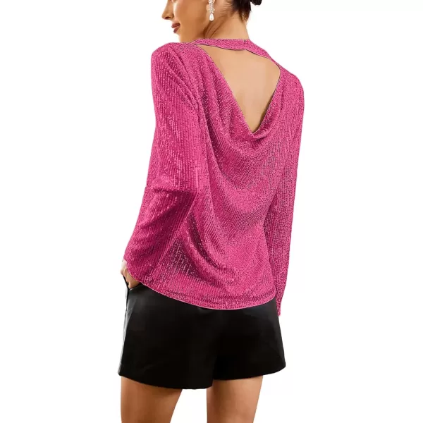 imageGRACE KARIN Sequin Tops for Women Backless Long Sleeve Sparkly Glitter Tops Crew Neck Draped Back Flowy Sparkle Party ShirtsZhot Pink
