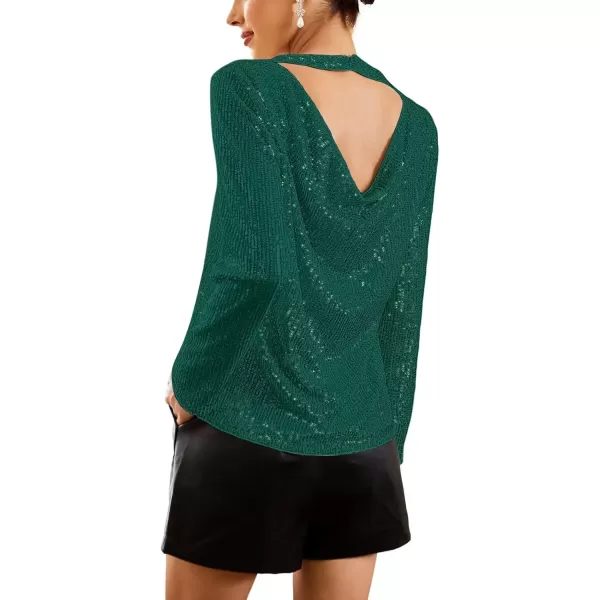 imageGRACE KARIN Sequin Tops for Women Backless Long Sleeve Sparkly Glitter Tops Crew Neck Draped Back Flowy Sparkle Party ShirtsZpure Green