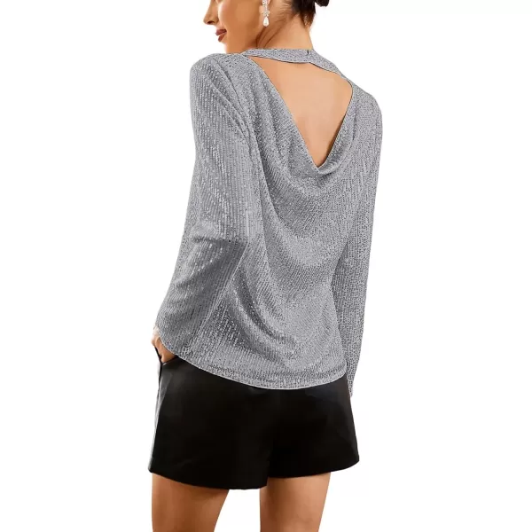 imageGRACE KARIN Sequin Tops for Women Backless Long Sleeve Sparkly Glitter Tops Crew Neck Draped Back Flowy Sparkle Party ShirtsZsilver Grey