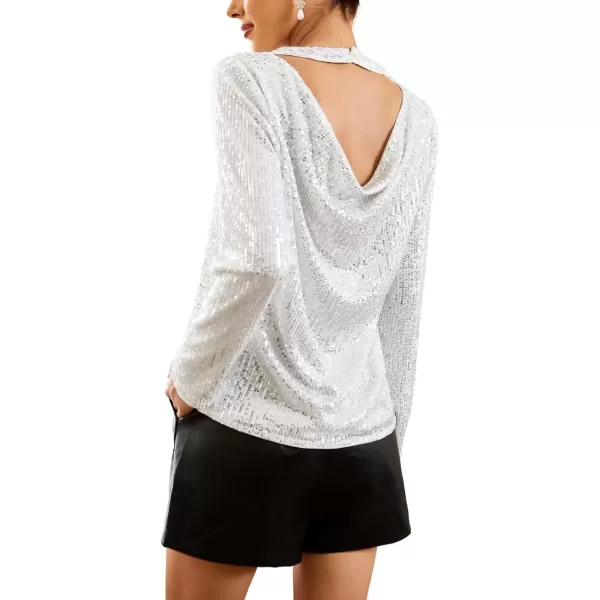 imageGRACE KARIN Sequin Tops for Women Backless Long Sleeve Sparkly Glitter Tops Crew Neck Draped Back Flowy Sparkle Party ShirtsZsilver White