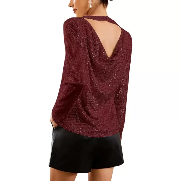 imageGRACE KARIN Sequin Tops for Women Backless Long Sleeve Sparkly Glitter Tops Crew Neck Draped Back Flowy Sparkle Party ShirtsZwine Red
