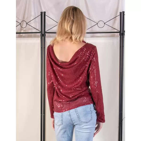 imageGRACE KARIN Sequin Tops for Women Backless Long Sleeve Sparkly Glitter Tops Crew Neck Draped Back Flowy Sparkle Party ShirtsZwine Red