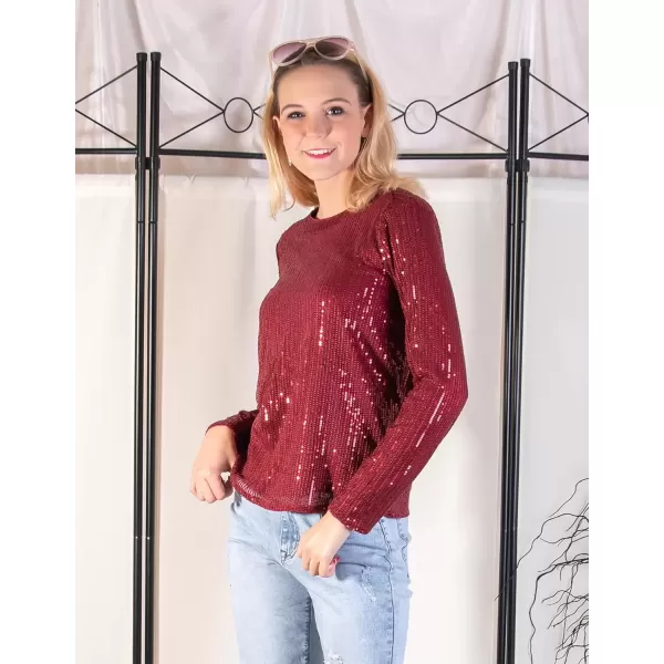 imageGRACE KARIN Sequin Tops for Women Backless Long Sleeve Sparkly Glitter Tops Crew Neck Draped Back Flowy Sparkle Party ShirtsZwine Red