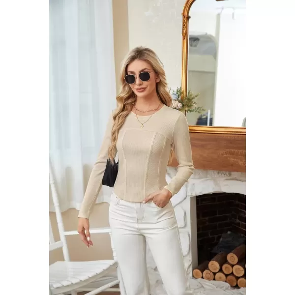 imageGRACE KARIN Women Long Sleeve Crew Neck Shirts Crop Tops Fall Fashion Knit Slim Fitted Corset TeeBeige