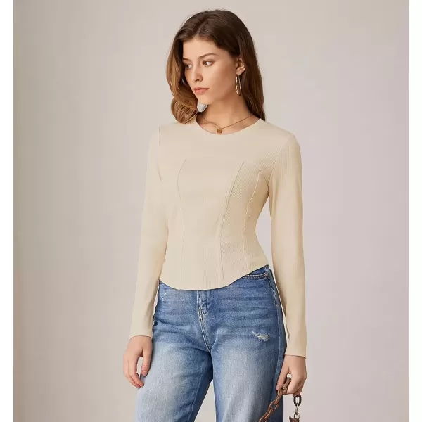 imageGRACE KARIN Women Long Sleeve Crew Neck Shirts Crop Tops Fall Fashion Knit Slim Fitted Corset TeeBeige