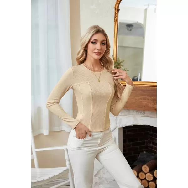 imageGRACE KARIN Women Long Sleeve Crew Neck Shirts Crop Tops Fall Fashion Knit Slim Fitted Corset TeeBeige