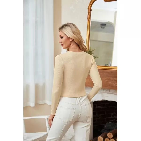 imageGRACE KARIN Women Long Sleeve Crew Neck Shirts Crop Tops Fall Fashion Knit Slim Fitted Corset TeeBeige