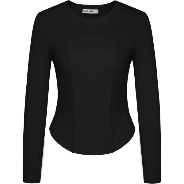 imageGRACE KARIN Women Long Sleeve Crew Neck Shirts Crop Tops Fall Fashion Knit Slim Fitted Corset TeeBlack