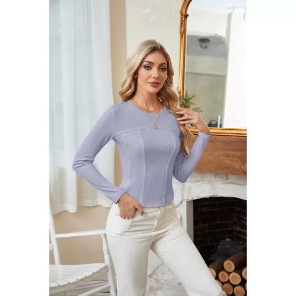 imageGRACE KARIN Women Long Sleeve Crew Neck Shirts Crop Tops Fall Fashion Knit Slim Fitted Corset TeeGrey Purple