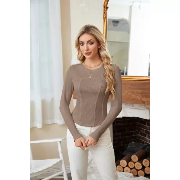 imageGRACE KARIN Women Long Sleeve Crew Neck Shirts Crop Tops Fall Fashion Knit Slim Fitted Corset TeeKhaki