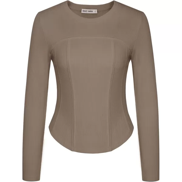 imageGRACE KARIN Women Long Sleeve Crew Neck Shirts Crop Tops Fall Fashion Knit Slim Fitted Corset TeeKhaki
