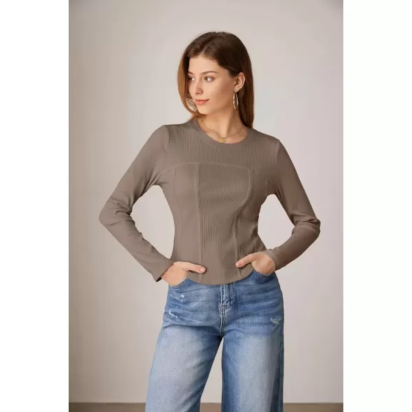 imageGRACE KARIN Women Long Sleeve Crew Neck Shirts Crop Tops Fall Fashion Knit Slim Fitted Corset TeeKhaki