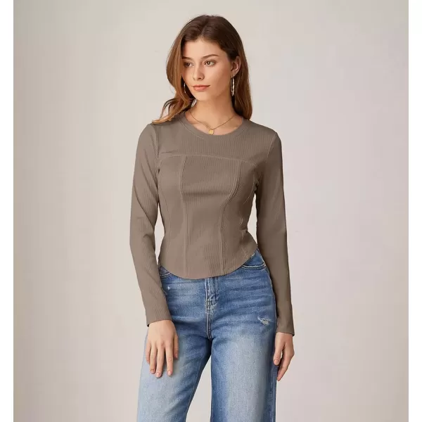 imageGRACE KARIN Women Long Sleeve Crew Neck Shirts Crop Tops Fall Fashion Knit Slim Fitted Corset TeeKhaki
