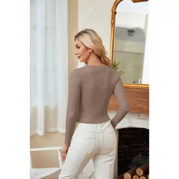 imageGRACE KARIN Women Long Sleeve Crew Neck Shirts Crop Tops Fall Fashion Knit Slim Fitted Corset TeeKhaki