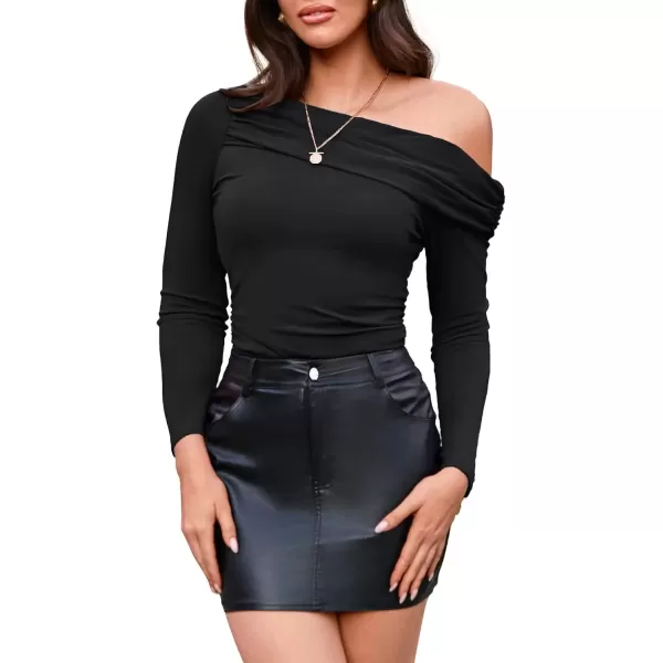 imageGRACE KARIN Women Long Sleeve Off Shoulder Top 2024 Casual Stretchy Shirt Blouses Top Slim Fit Sexy Ruched BlouseBlack