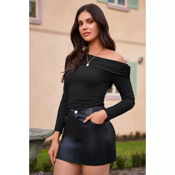imageGRACE KARIN Women Long Sleeve Off Shoulder Top 2024 Casual Stretchy Shirt Blouses Top Slim Fit Sexy Ruched BlouseBlack
