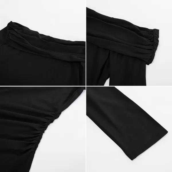 imageGRACE KARIN Women Long Sleeve Off Shoulder Top 2024 Casual Stretchy Shirt Blouses Top Slim Fit Sexy Ruched BlouseBlack