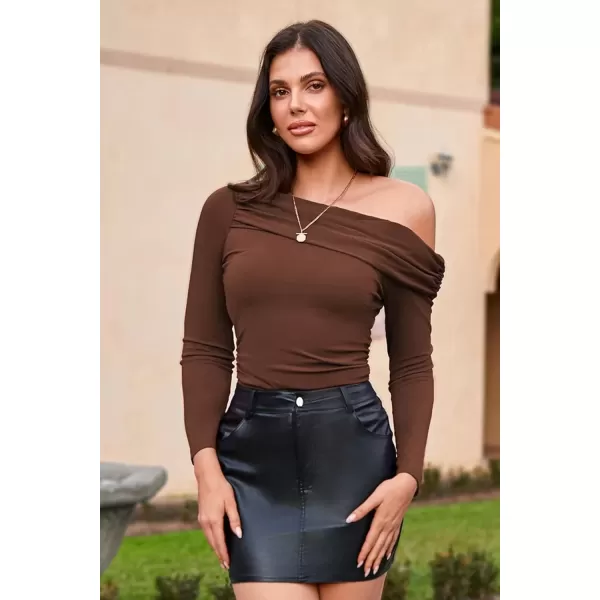 imageGRACE KARIN Women Long Sleeve Off Shoulder Top 2024 Casual Stretchy Shirt Blouses Top Slim Fit Sexy Ruched BlouseBrown