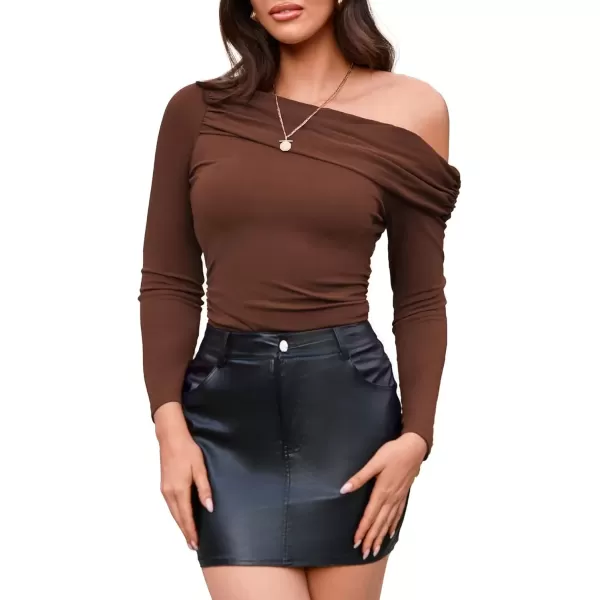 imageGRACE KARIN Women Long Sleeve Off Shoulder Top 2024 Casual Stretchy Shirt Blouses Top Slim Fit Sexy Ruched BlouseBrown