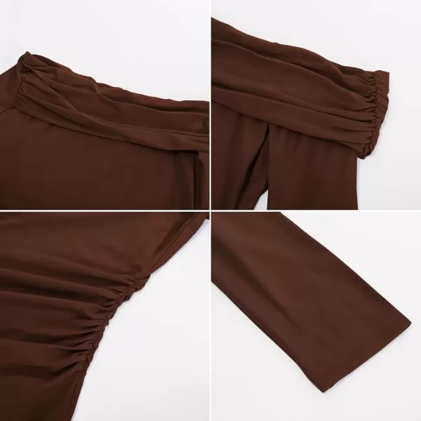 imageGRACE KARIN Women Long Sleeve Off Shoulder Top 2024 Casual Stretchy Shirt Blouses Top Slim Fit Sexy Ruched BlouseBrown