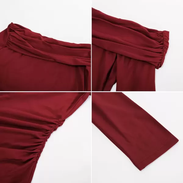 imageGRACE KARIN Women Long Sleeve Off Shoulder Top 2024 Casual Stretchy Shirt Blouses Top Slim Fit Sexy Ruched BlouseDark Red
