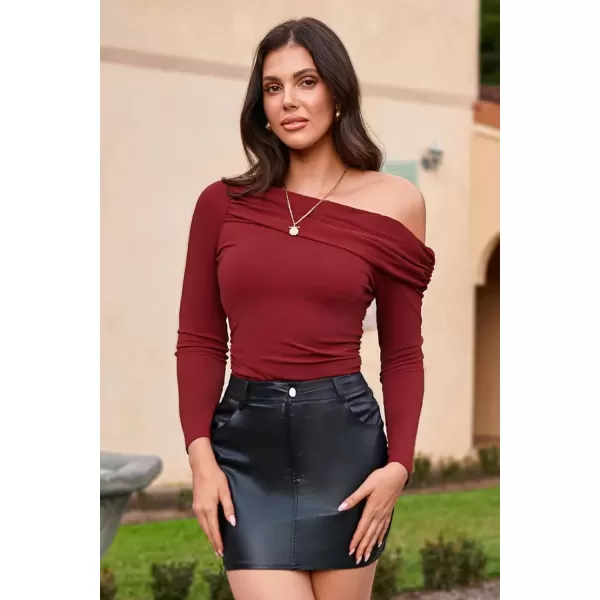 imageGRACE KARIN Women Long Sleeve Off Shoulder Top 2024 Casual Stretchy Shirt Blouses Top Slim Fit Sexy Ruched BlouseDark Red
