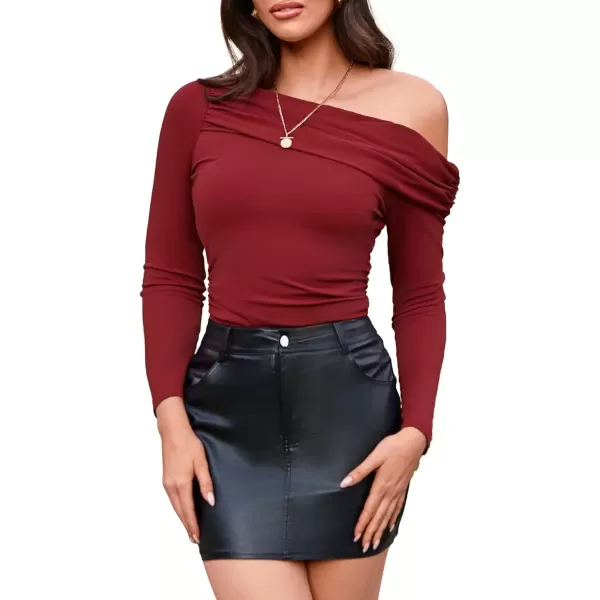 imageGRACE KARIN Women Long Sleeve Off Shoulder Top 2024 Casual Stretchy Shirt Blouses Top Slim Fit Sexy Ruched BlouseDark Red