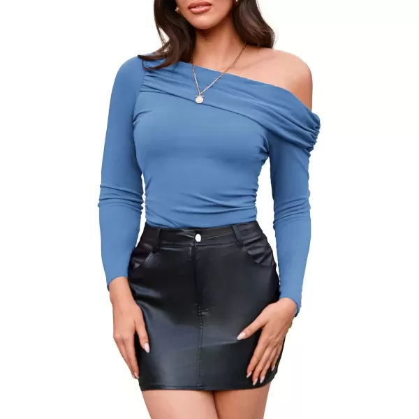 imageGRACE KARIN Women Long Sleeve Off Shoulder Top 2024 Casual Stretchy Shirt Blouses Top Slim Fit Sexy Ruched BlouseGrayblue