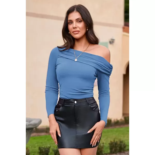 imageGRACE KARIN Women Long Sleeve Off Shoulder Top 2024 Casual Stretchy Shirt Blouses Top Slim Fit Sexy Ruched BlouseGrayblue