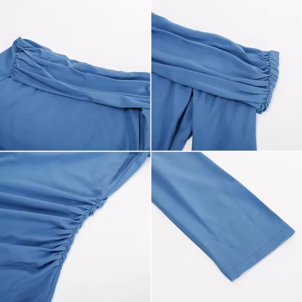 imageGRACE KARIN Women Long Sleeve Off Shoulder Top 2024 Casual Stretchy Shirt Blouses Top Slim Fit Sexy Ruched BlouseGrayblue