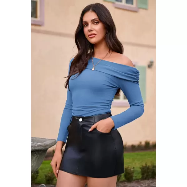 imageGRACE KARIN Women Long Sleeve Off Shoulder Top 2024 Casual Stretchy Shirt Blouses Top Slim Fit Sexy Ruched BlouseGrayblue