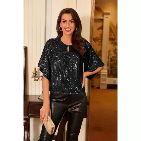 imageGRACE KARIN Women Sequin Tops Glitter Shimmer Blouse Sparkly Shirts Batwing Sleeve Crew Neck Crop Dressy PartyBlack