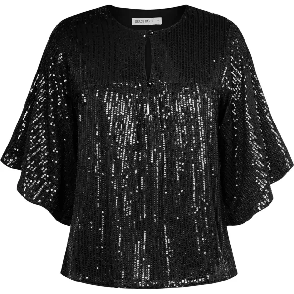 imageGRACE KARIN Women Sequin Tops Glitter Shimmer Blouse Sparkly Shirts Batwing Sleeve Crew Neck Crop Dressy PartyBlack
