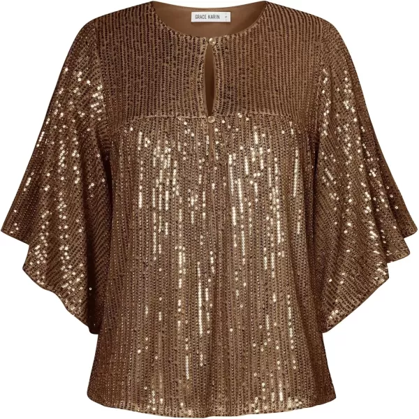 imageGRACE KARIN Women Sequin Tops Glitter Shimmer Blouse Sparkly Shirts Batwing Sleeve Crew Neck Crop Dressy PartyBrown