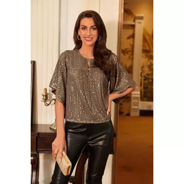 imageGRACE KARIN Women Sequin Tops Glitter Shimmer Blouse Sparkly Shirts Batwing Sleeve Crew Neck Crop Dressy PartyBrown